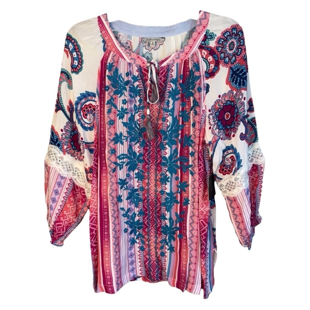 John Mark Size Large Pink and White Embroidered and Lace Paisley Back Tunic NWT